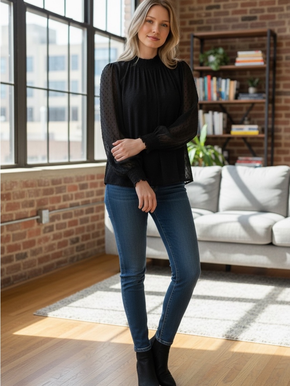 Sheer Dot-Textured Black Long-Sleeve Blouse with Smocked Neck